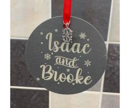 Personalised 2 Names Christmas Tree Bauble Decorations Natural Slate Childrens - thumbnail 1
