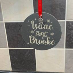 Personalised 2 Names Christmas Tree Bauble Decorations Natural Slate Childrens - thumbnail 2