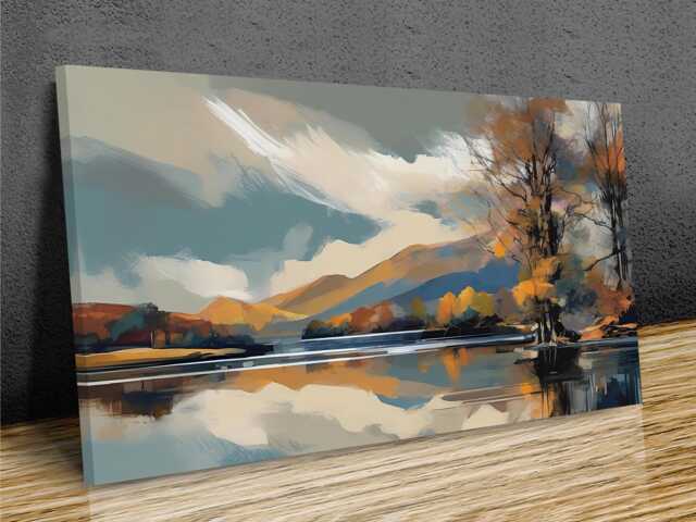 Wintermere, Lake Mountains Reflections Abstract Art , District, Panormic Wall Art, Mounted Canvas Print Ready To Hang - image 1