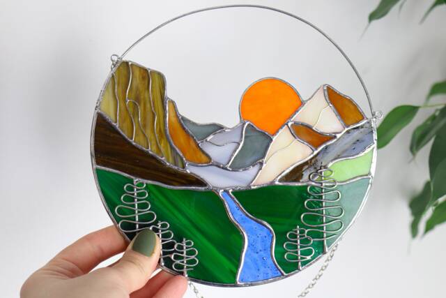 Mother's Gift Stain Glass Panel Suncatcher Picture Mountains Hill Landscape Home Decor For Window Wall Cling Nature House - image 1