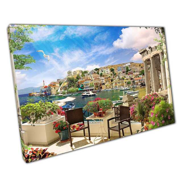 Coastal Mediterranean Terrace Canvas Serene Bay View Artwork For Home & Office Decor - image 1