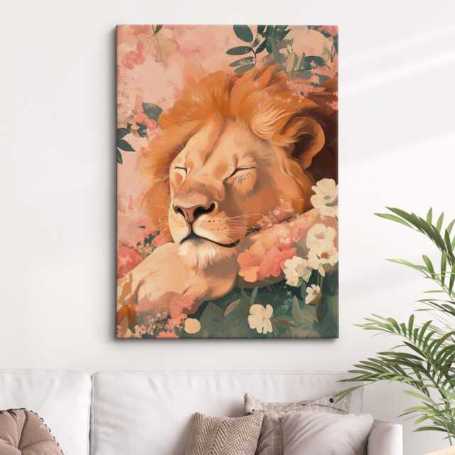 Lion Sleeping Flowers Abstract Oil Painting Framed Print & Canvas Portrait Wall Art Poster Home Decor Interior Animal Lover Gift - image 1
