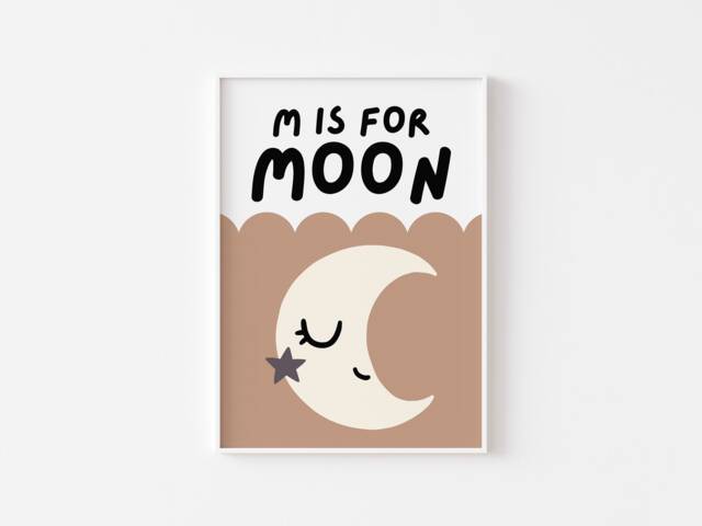 M Is For Moon Nursery Print - Boho Poster, Kids Bedroom Print, Cute Celestial Moon, Alphabet, Neutral Decor, Moon Baby Decor - image 1
