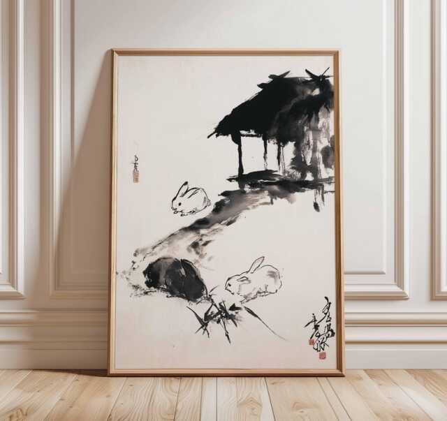 Japanese Rabbit Wall Art, Oriental Ink Painting Poster Print, Minimalist Animal Artwork, Zen Nature Decor, Traditional Asian Print - image 1
