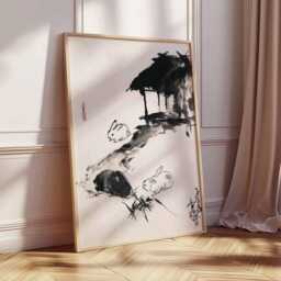 Japanese Rabbit Wall Art, Oriental Ink Painting Poster Print, Minimalist Animal Artwork, Zen Nature Decor, Traditional Asian Print - thumbnail 2