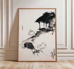 Japanese Rabbit Wall Art, Oriental Ink Painting Poster Print, Minimalist Animal Artwork, Zen Nature Decor, Traditional Asian Print - thumbnail 1