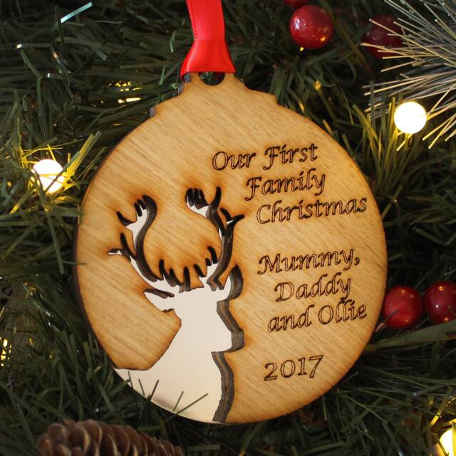Personalised First Family Christmas Bauble Reindeer Silhouette, Oak & Acrylic - image 1