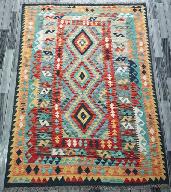 Kilim Rug Multicolour, Handmade Artisan Afghan Turkish, Scandinavian, Navajo, Bohemian Flatweave, Natural Wool 211x158 cm - image 1