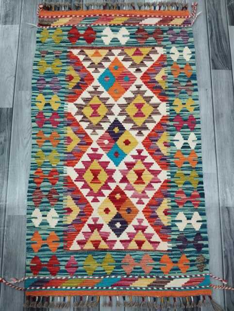 Colourful Kilim Rug, Handmade Artisan Afghan Turkish Scandinavian Navajo Bohemian Flatweave Wool Multicolour Rug 126x75 cm - image 1