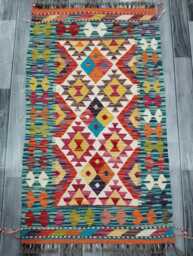 Colourful Kilim Rug, Handmade Artisan Afghan Turkish Scandinavian Navajo Bohemian Flatweave Wool Multicolour Rug 126x75 cm - thumbnail 1