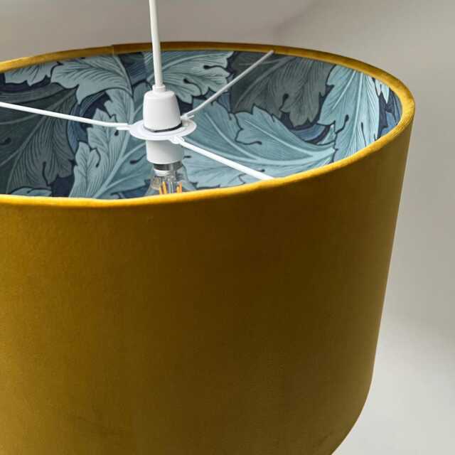 Mustard Velvet Drum Lampshade, Double Sided Lampshade With Acanthus Blue Leaves Paper Interior, William Morris - image 1