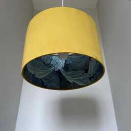 Mustard Velvet Drum Lampshade, Double Sided Lampshade With Acanthus Blue Leaves Paper Interior, William Morris - thumbnail 2