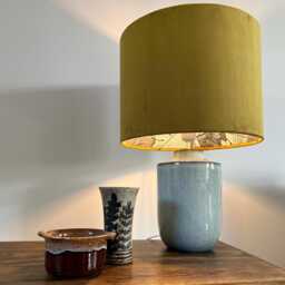 Mustard Velvet Drum Lampshade, Double Sided Lampshade With Acanthus Blue Leaves Paper Interior, William Morris - thumbnail 3