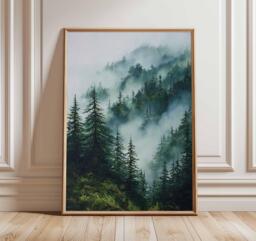 Misty Forest Poster, Nature Wall Art Print, Evergreen Mountain Landscape Painting, Tranquil Woodland Foggy Trees Home Decor - thumbnail 1