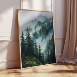 Misty Forest Poster, Nature Wall Art Print, Evergreen Mountain Landscape Painting, Tranquil Woodland Foggy Trees Home Decor - thumbnail 2