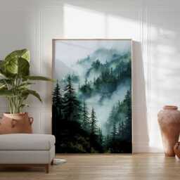 Misty Forest Poster, Nature Wall Art Print, Evergreen Mountain Landscape Painting, Tranquil Woodland Foggy Trees Home Decor - thumbnail 4
