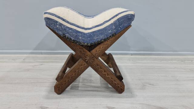 Vintage Stool, Baho Ottoman Stool, Turkish Kilim Ottomans, Rug Rustic Blue & Wooden Otomans - image 1