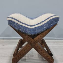 Vintage Stool, Baho Ottoman Stool, Turkish Kilim Ottomans, Rug Rustic Blue & Wooden Otomans - thumbnail 2