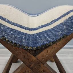 Vintage Stool, Baho Ottoman Stool, Turkish Kilim Ottomans, Rug Rustic Blue & Wooden Otomans - thumbnail 3