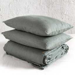 Moss Green Linen Duvet Cover Set, Coconut Button Closure - thumbnail 2