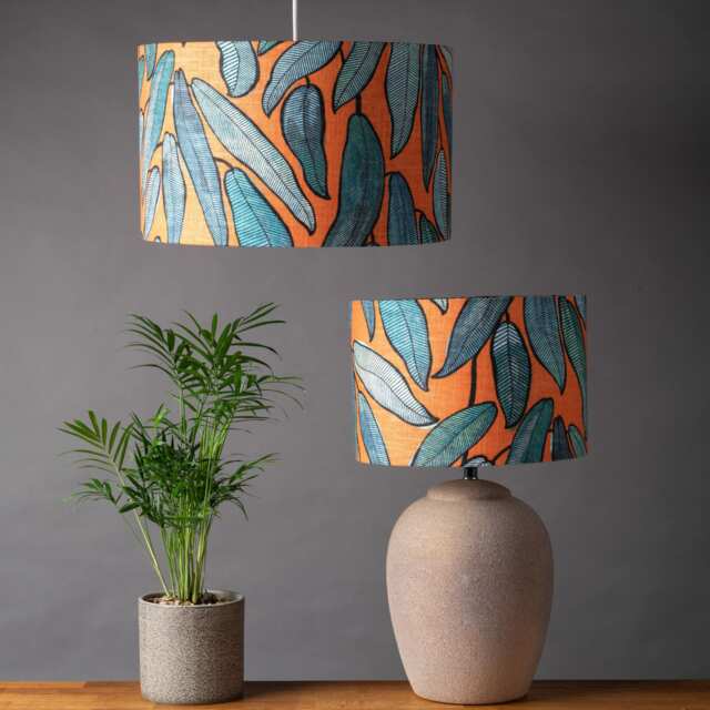 Tropical Jungle Leaves Lampshade. Exotic Petrol Blue & Tango Orange Design. Cylinder Style Shade. 30cm & 40cm Sizes Available - image 1
