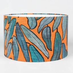 Tropical Jungle Leaves Lampshade. Exotic Petrol Blue & Tango Orange Design. Cylinder Style Shade. 30cm & 40cm Sizes Available - thumbnail 2