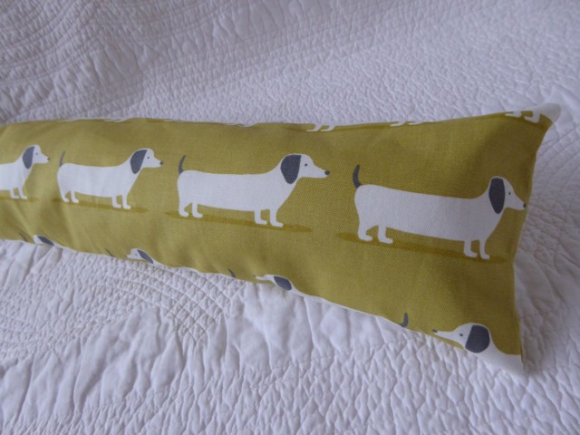 Draught Excluder Handmade 100% Cotton Fabric Dachshund Sausage Dog Print Mustard Yellow Grey - image 1