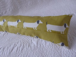 Draught Excluder Handmade 100% Cotton Fabric Dachshund Sausage Dog Print Mustard Yellow Grey - thumbnail 1