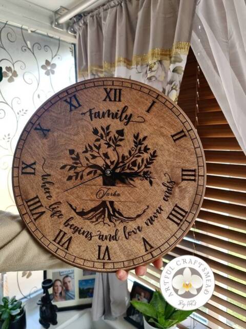 Personalized Birch Plywood Wall Clock, Custom Wooden Clock With Name & Last Name, Tree Family Design - image 1