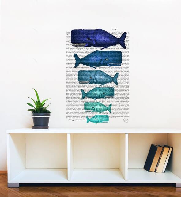 Blue Whale Family On Newspaper Wall Sticker Decal - Kids Stickers, Animals Childrens Decals, Art, Room