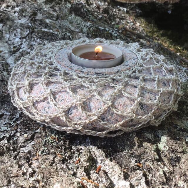 Handwork Stone Candleholder - Linen Crochet, Organic Granite Lamp - image 1