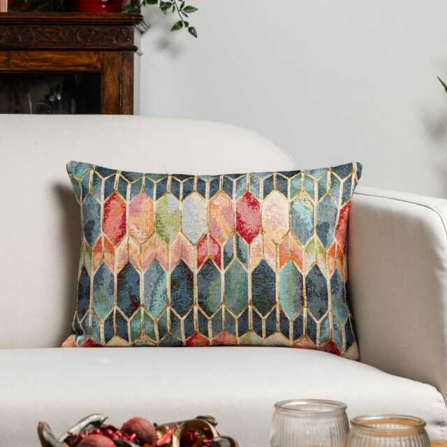 Vintage Venice Stained Glass Style Tapestry Boudoir Cushion. Geometric Renaissance Design With Gold Detailing. 17x12 - image 1