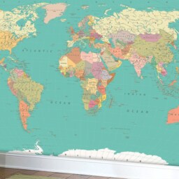World Map Wall Mural in Pastel Bright Colors, Detailed Wallpaper, D??cor, Decal, Nursery & Room Art - thumbnail 2