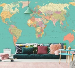 World Map Wall Mural in Pastel Bright Colors, Detailed Wallpaper, D??cor, Decal, Nursery & Room Art - thumbnail 1
