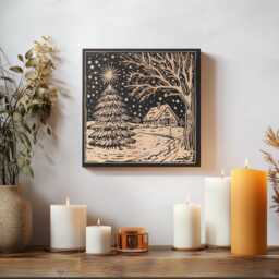 Home For The Holidays Mini Engraved Birch Wood Panel - Block Print Style Winter Wall Art, Christmas Tree Scene Print, Secret Santa Gift - thumbnail 3