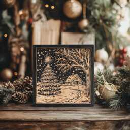 Home For The Holidays Mini Engraved Birch Wood Panel - Block Print Style Winter Wall Art, Christmas Tree Scene Print, Secret Santa Gift - thumbnail 1