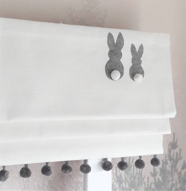 Grey Bunnies Blackout Roman Blind With Pom Trim - image 1