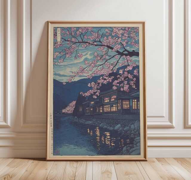 Japanese Cherry Blossom Wall Art Print - Traditional Sakura Poster, Tranquil River Artwork, Asian Night Landscape Home Decor - image 1