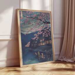 Japanese Cherry Blossom Wall Art Print - Traditional Sakura Poster, Tranquil River Artwork, Asian Night Landscape Home Decor - thumbnail 3