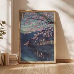 Japanese Cherry Blossom Wall Art Print - Traditional Sakura Poster, Tranquil River Artwork, Asian Night Landscape Home Decor - thumbnail 2