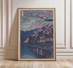 Japanese Cherry Blossom Wall Art Print - Traditional Sakura Poster, Tranquil River Artwork, Asian Night Landscape Home Decor - thumbnail 1