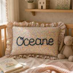Personalized Embroidered Name Cushion Floral Ruffle Nursery Decor - thumbnail 2