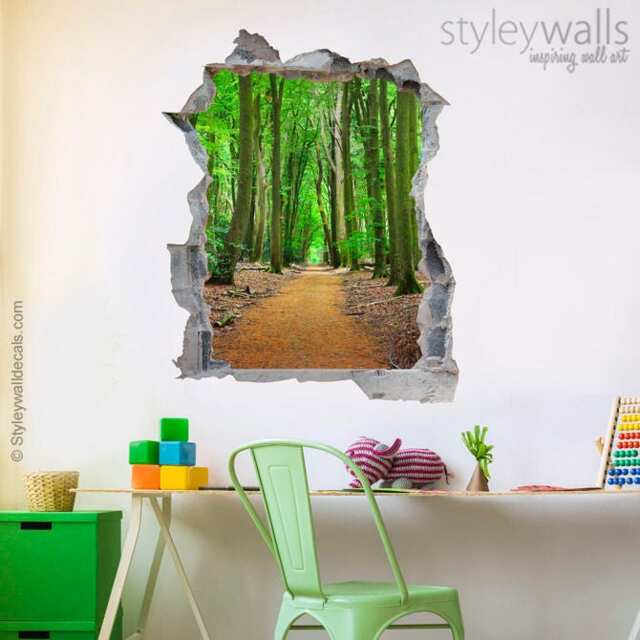 Forest Wall Decal, Nature Sticker, Hole in The 3D Effect Broken Mural Home Decor - image 1