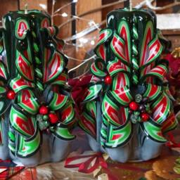 Medium Colorful & Unique Hand Carved Candle - Green Christmas Perfect Gift & Decor - thumbnail 2