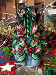 Medium Colorful & Unique Hand Carved Candle - Green Christmas Perfect Gift & Decor - thumbnail 1