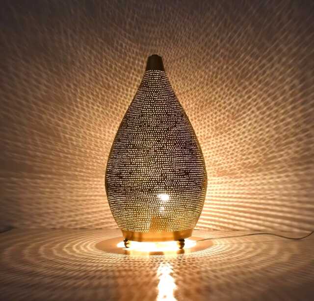 Moroccan Brass Table Lamp, Hand-Pierced Gourd - 16 - image 1