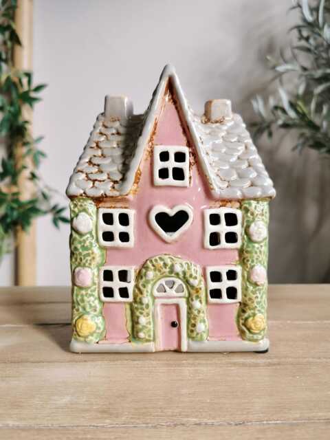 Pink Thatched Cottage Garden House Tea Light Holder With Rose Garland - image 1