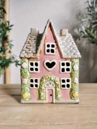 Pink Thatched Cottage Garden House Tea Light Holder With Rose Garland