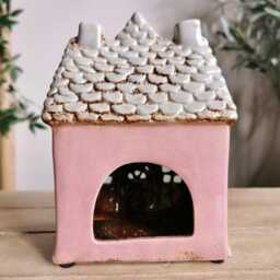 Pink Thatched Cottage Garden House Tea Light Holder With Rose Garland - thumbnail 4