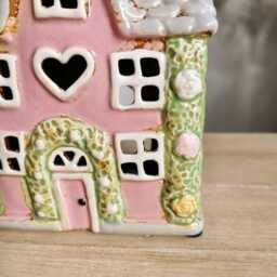 Pink Thatched Cottage Garden House Tea Light Holder With Rose Garland - thumbnail 2